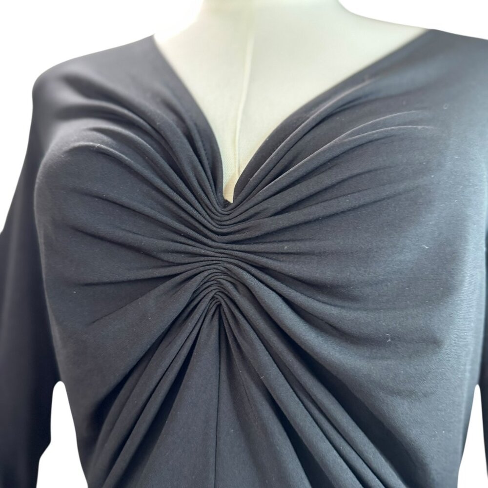 Michael Kors Black Ruched V-Neck Top Size M | Elegant Stretch Knit Long Sleeve - Picture 9 of 13